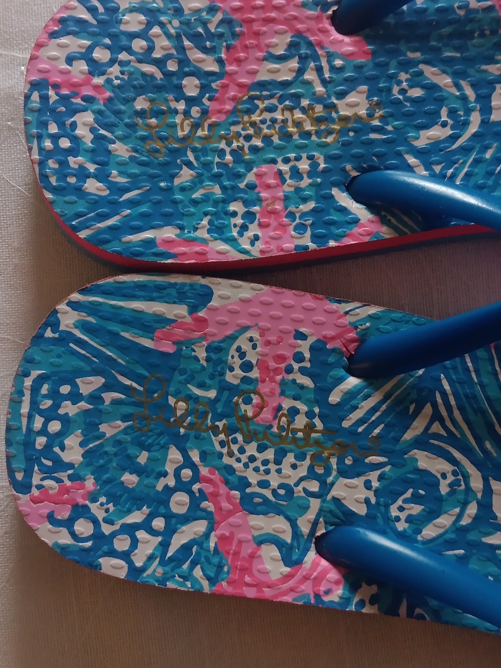 Lilly Pulitzer Blue and Pink Tropical Flip Flops - Picture 3 of 8